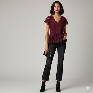 Notebuk Sz 0XL Burgundy Lace V Neck Short Sleeve Peplum Top Whimsigoth Holidays